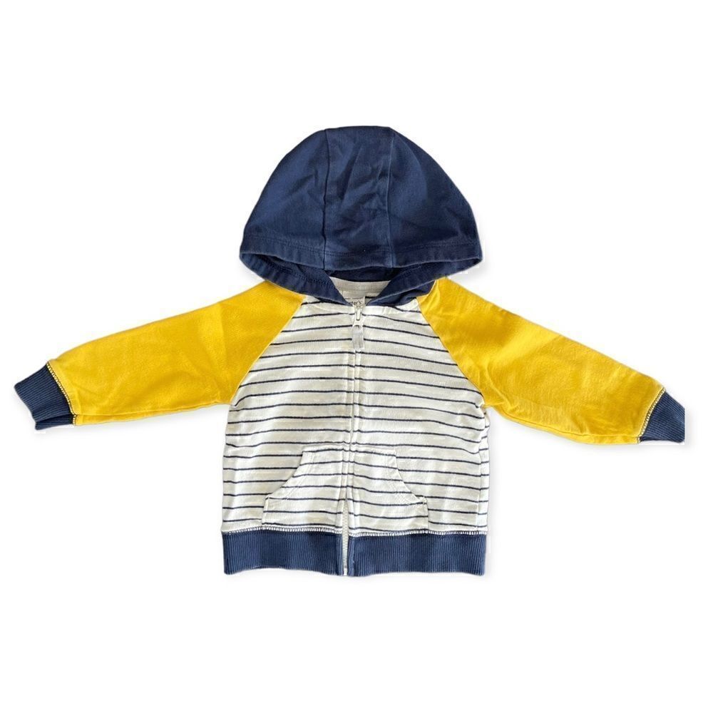 Infant navy blue striped hoodie, yellow, nine months